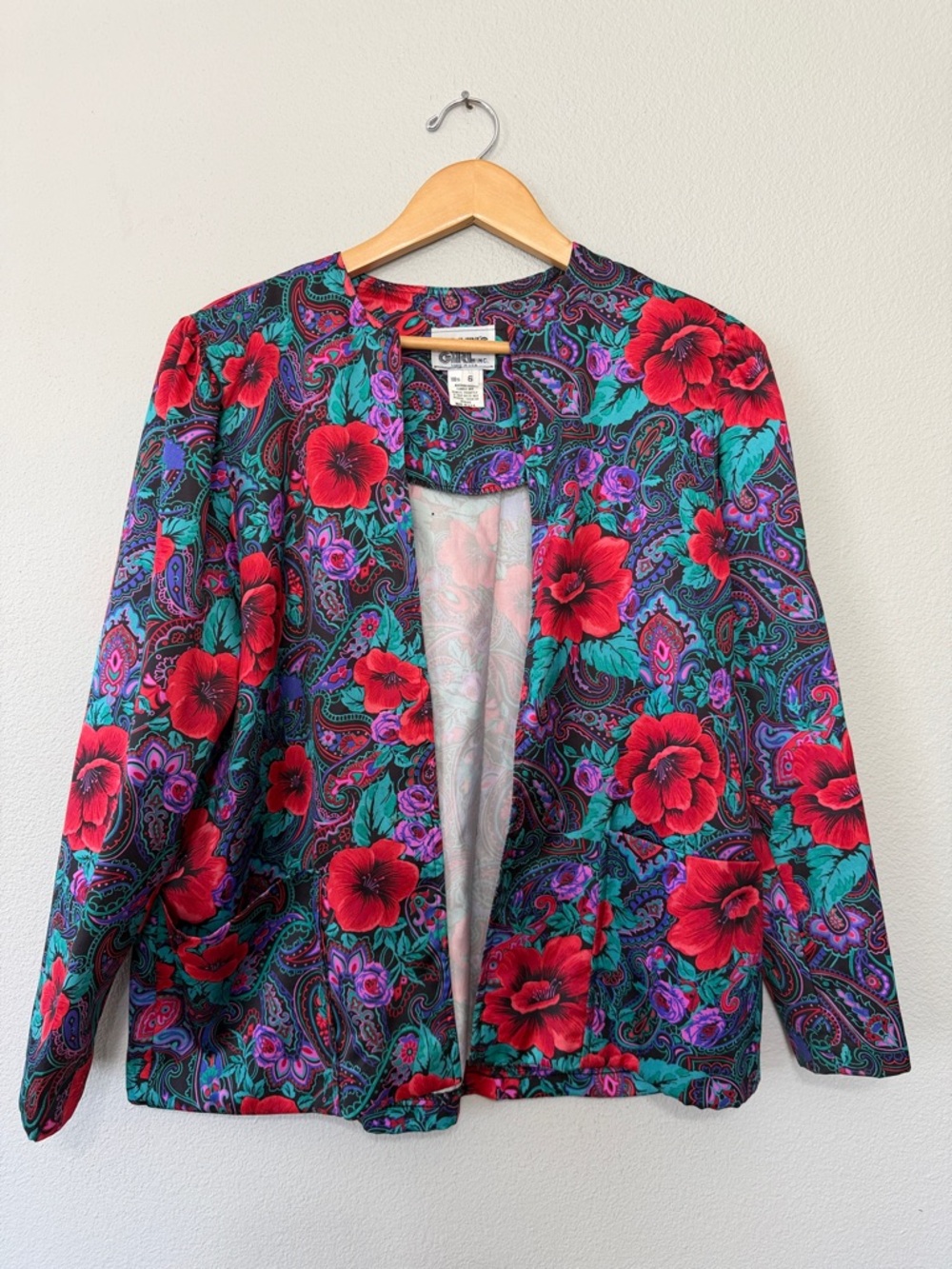 VTG John’s Girl Bold‎ Floral Open-Front Blazer Jacket Size 6 USA Maximalist 80’s